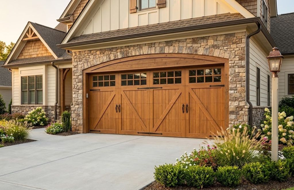 Carriage house style garage door with decorative hardware installed on a residential home in Atlanta