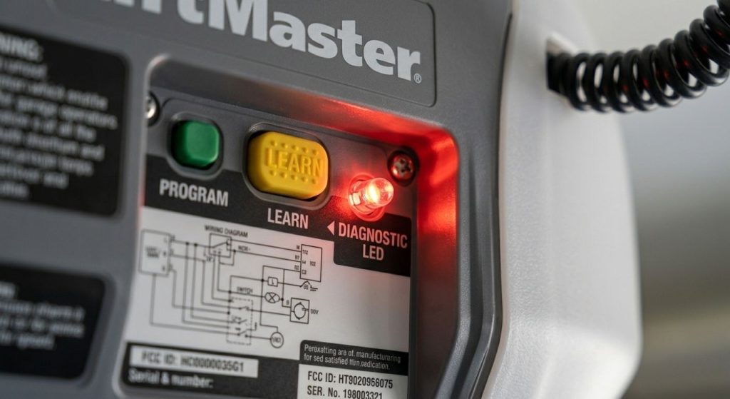 close-up of garage door opener blinking diagnostic LED near the Learn button