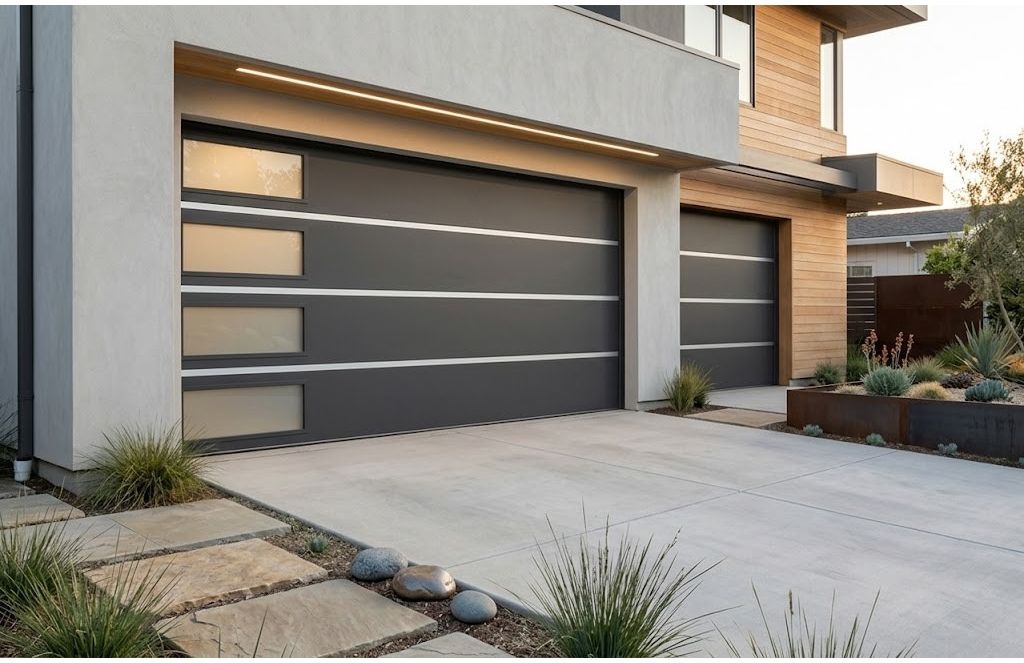Contemporary aluminum garage door with clean lines installed on a modern home in Metro Atlanta