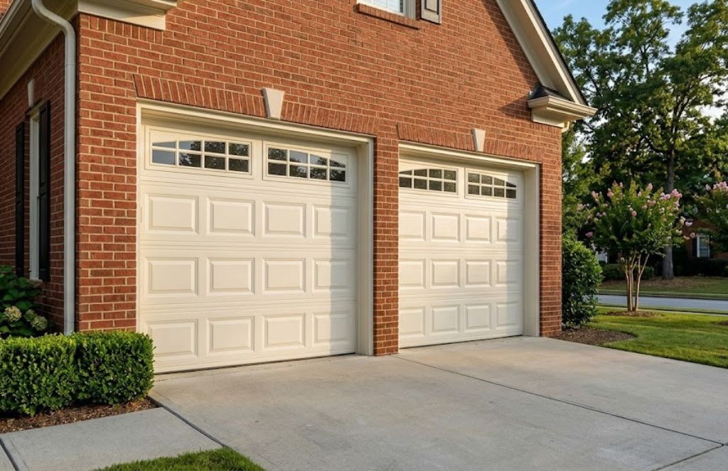Traditional raised panel steel garage door installed on a suburban home in Metro Atlanta
