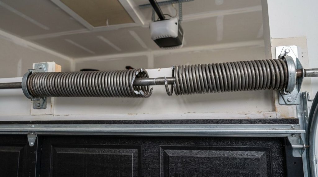 Close-up of a broken torsion spring above a garage door showing a visible gap in the coils.