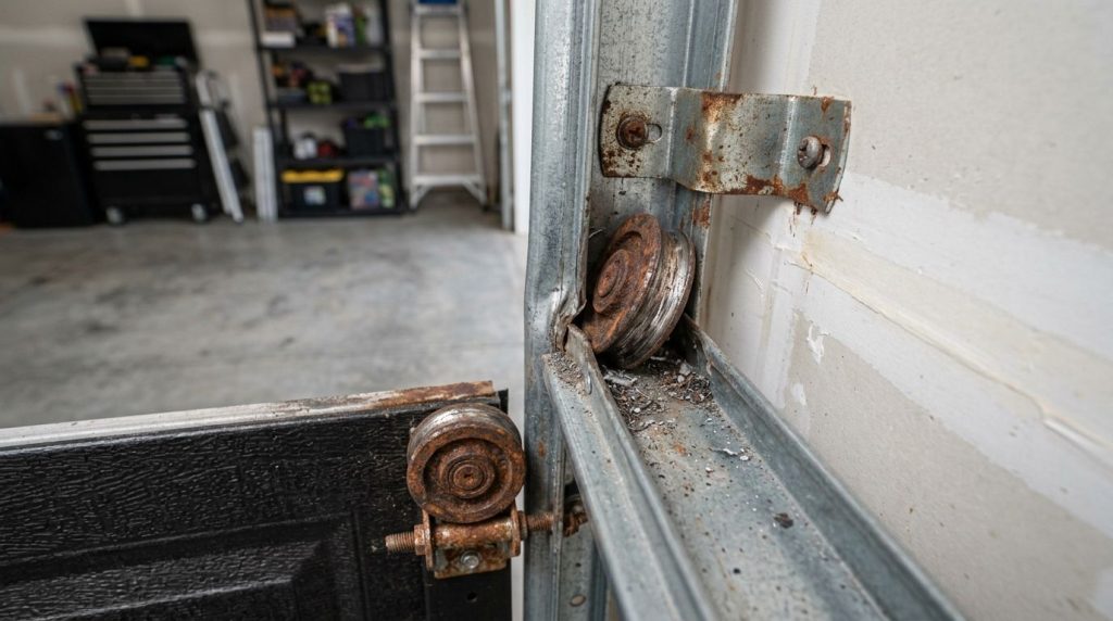 Bent garage door track with worn rollers causing slow and uneven garage door movement.