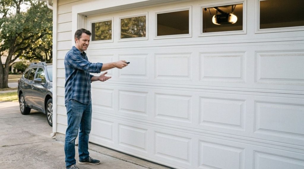 Homeowner outside a garage with a garage door remote not working