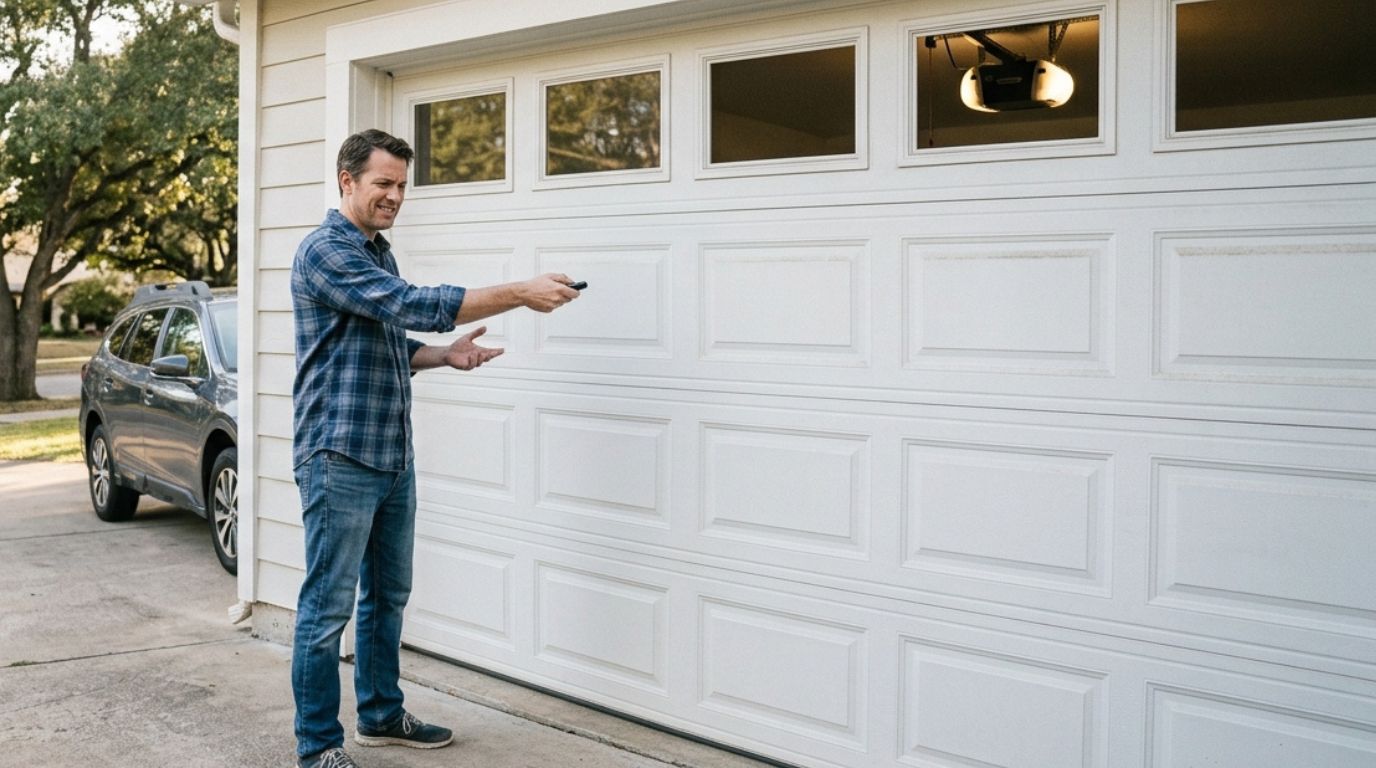 Homeowner outside a garage with a garage door remote not working