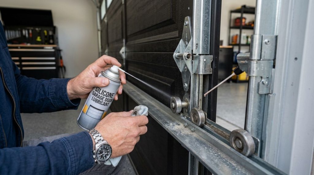 Applying silicone lubricant to garage door rollers and hinges to reduce friction and improve operation.