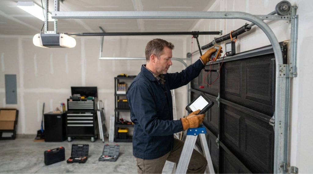 Garage door technician inspecting the opener, springs, and rollers during a maintenance visit.