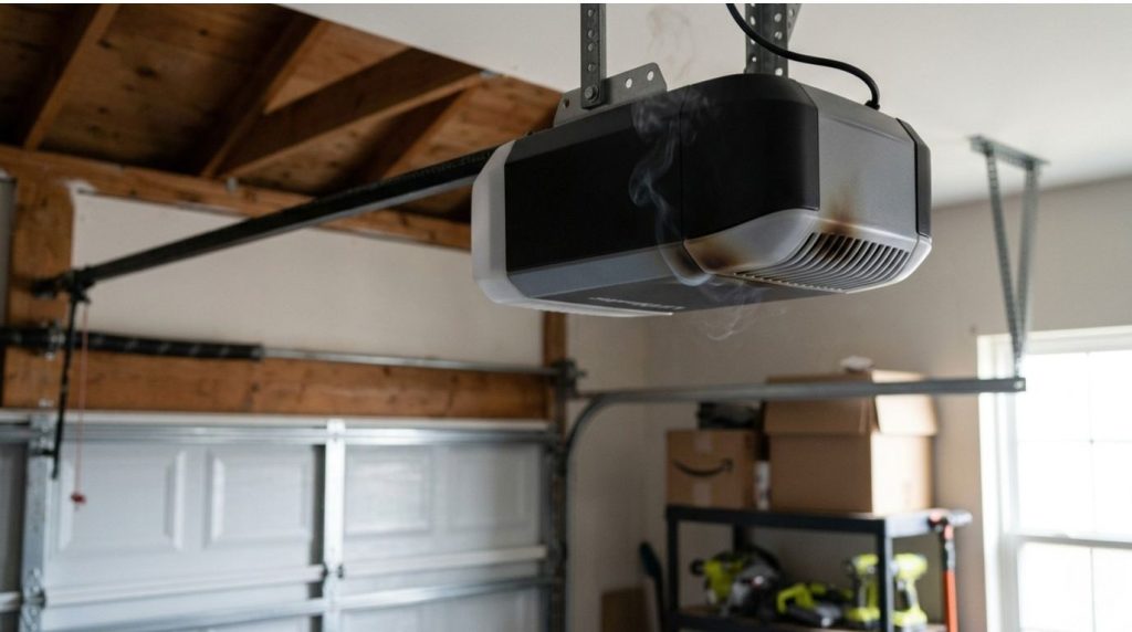 Overheated garage door opener motor unit with faint smoke and heat discoloration causing a Garage Door Smell Like Burning Rubber