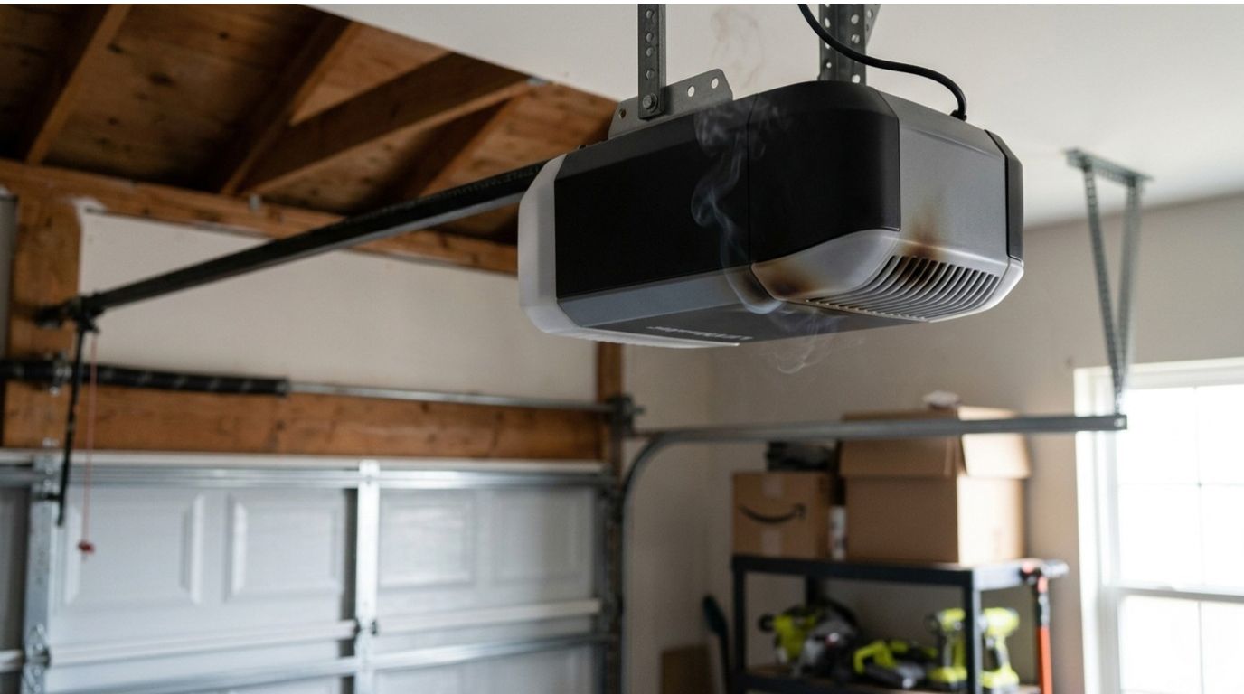 Overheated garage door opener motor unit with faint smoke and heat discoloration causing a Garage Door Smell Like Burning Rubber