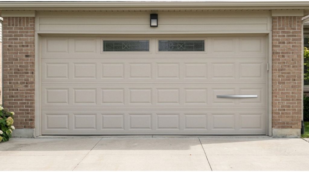 A residential home exterior featuring a clean modern garage door and concrete driveway for a guide on how to lubricate a garage door.