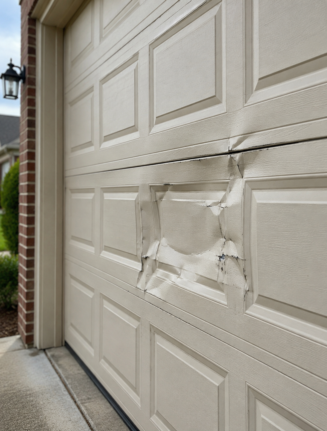 Dented and damaged sectional garage door panel