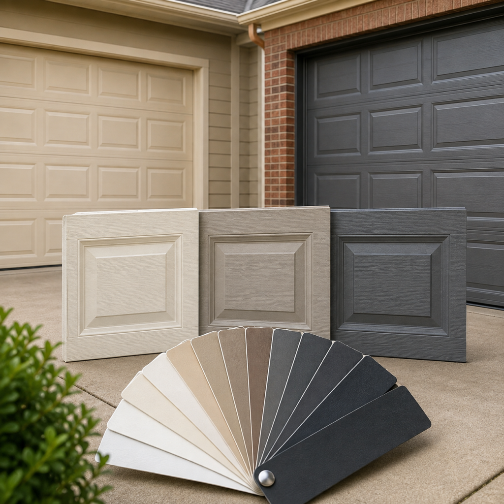 Garage door panel samples and color swatches for matching an existing door